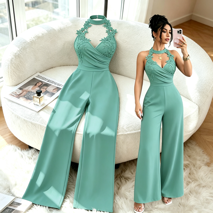 Halter Floral Lace Applique Wide Leg Jumpsuit