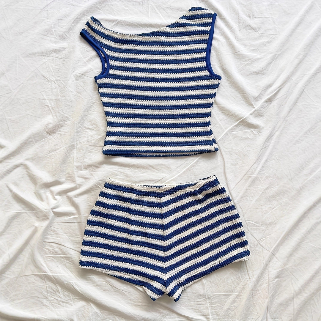 Red &amp;amp; White Striped Knit Off-Shoulder Two-Piece Romper Set