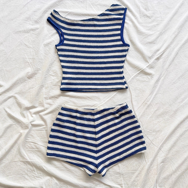 Red &amp;amp; White Striped Knit Off-Shoulder Two-Piece Romper Set