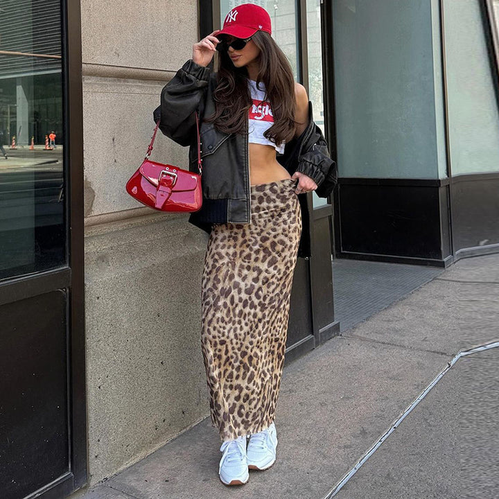 Leopard Print Mesh Maxi Skirt | High-Waisted, Minimalist Lined Skirt