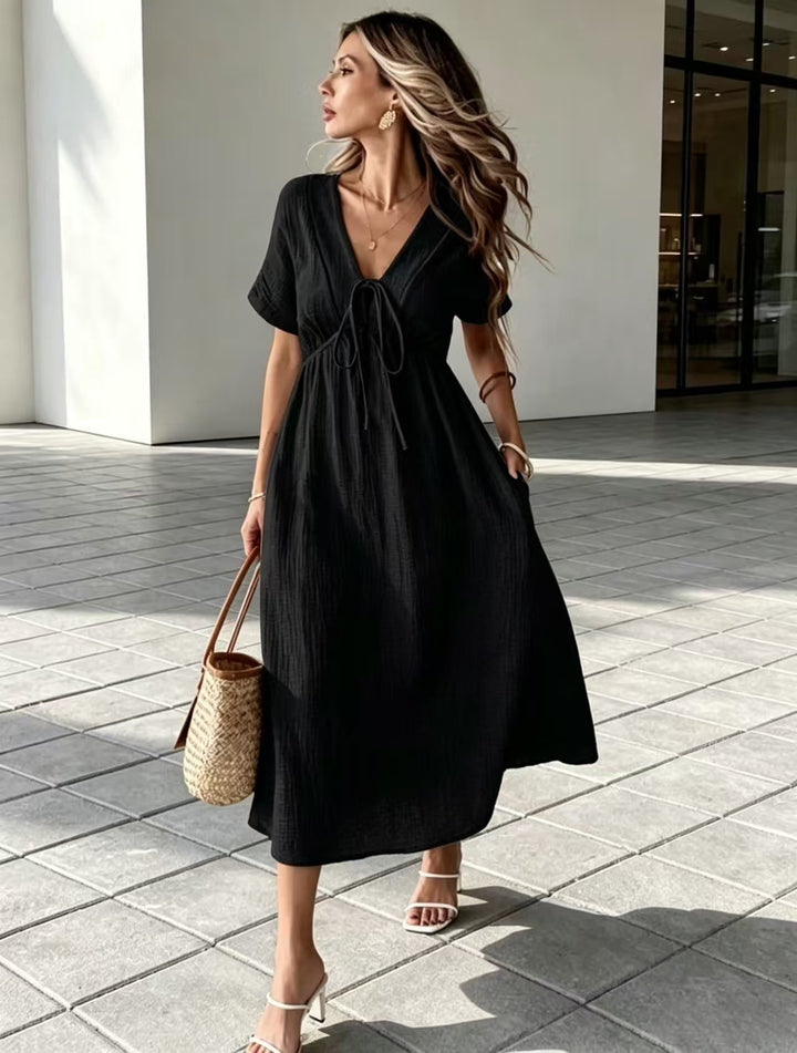 Crinkle Gauze V-Neck Midi Dress with Tie Detail, Short Sleeve Flowy Dress for Women