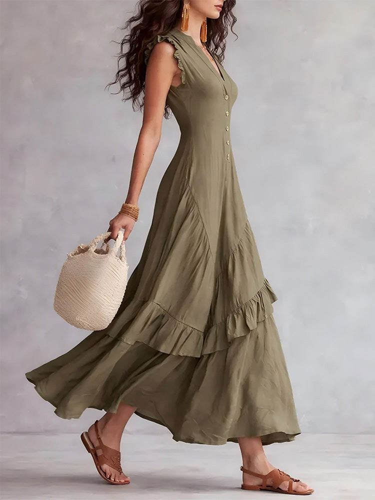 Elegant Ruffled Cotton Linen Sleeveless Dress