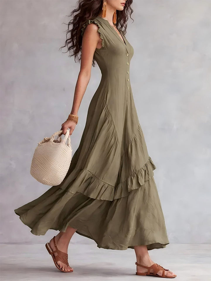 Elegant Ruffled Cotton Linen Sleeveless Dress