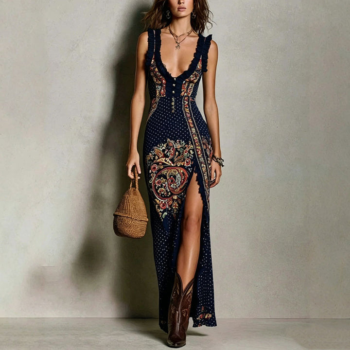 V-neck printed sleeveless maxi dress with a slit