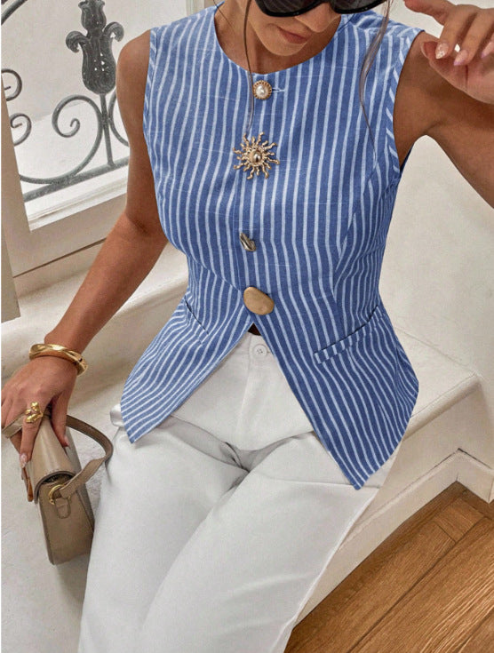 Striped Sleeveless Button-Front Waistcoat with Gold-Tone Hardware