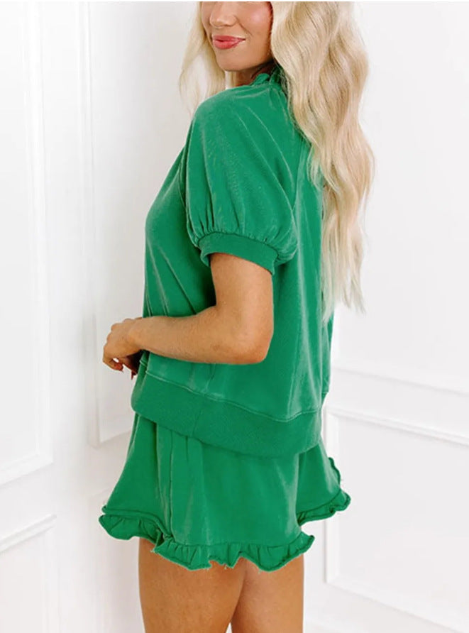 Women 2 Piece Lounge Sets Casual Short Sleeve Outfits Half Zip Puff Sleeve Top and Ruffled Shorts Set