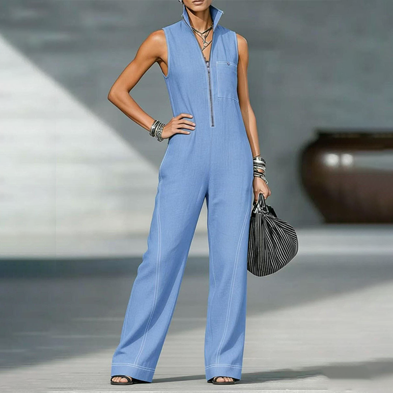 Sleeveless cotton-linen jumpsuit