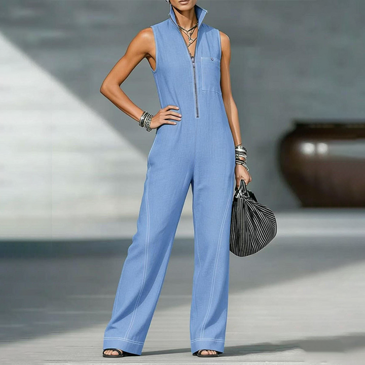 Sleeveless cotton-linen jumpsuit