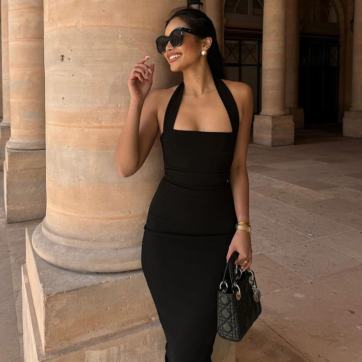 Black Halter Neck Midi Dress, Sleeveless Bodycon Cocktail Dress for Women