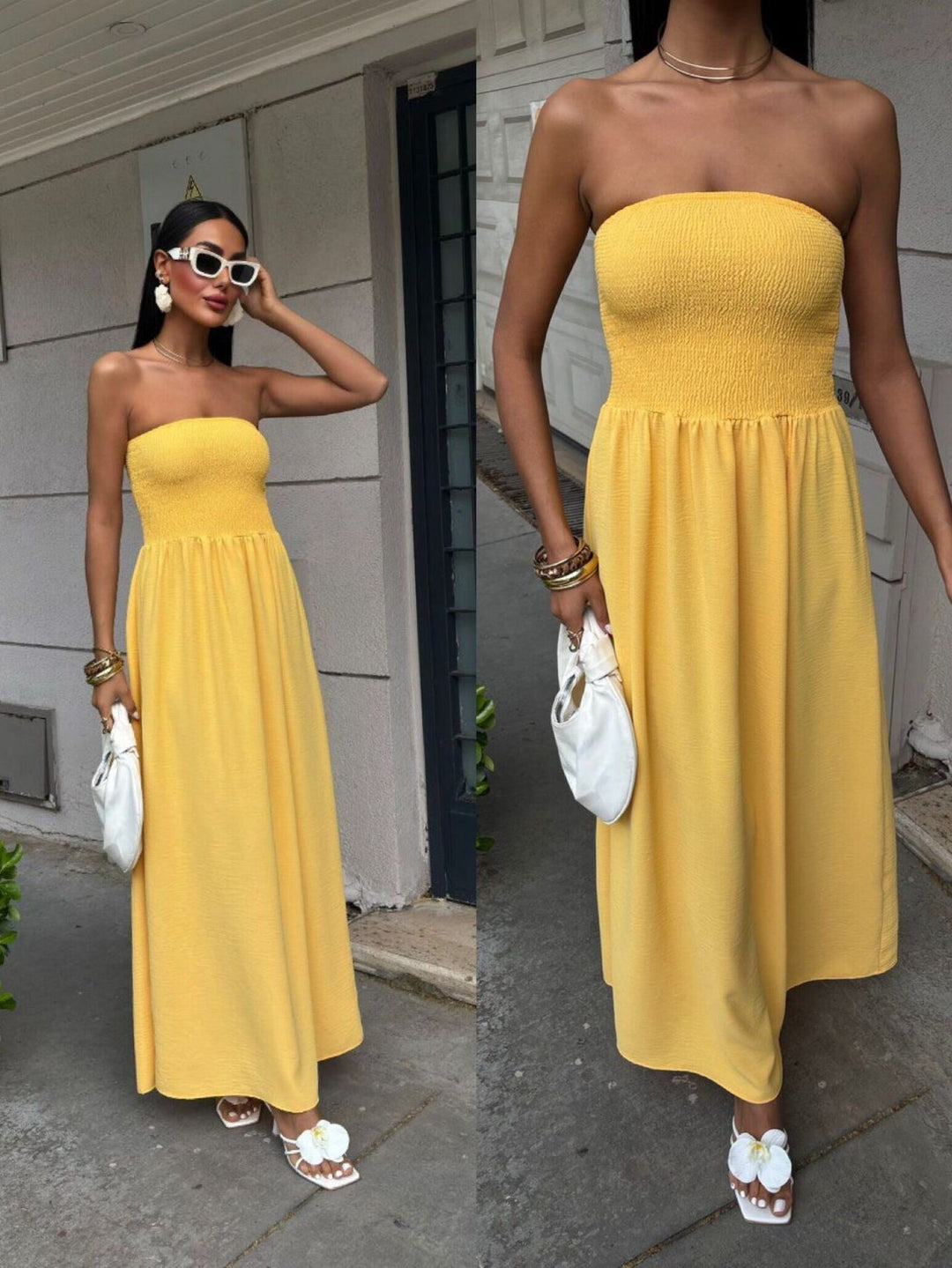 Strapless Linen-Blend Midi Dress | Minimalist Quiet Luxury Sundres