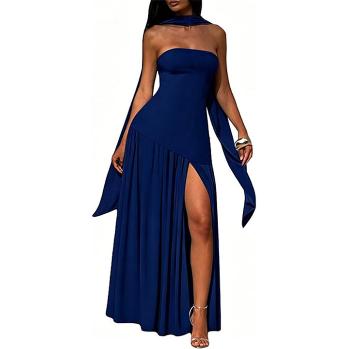 Stylish strapless solid color backless slit dress