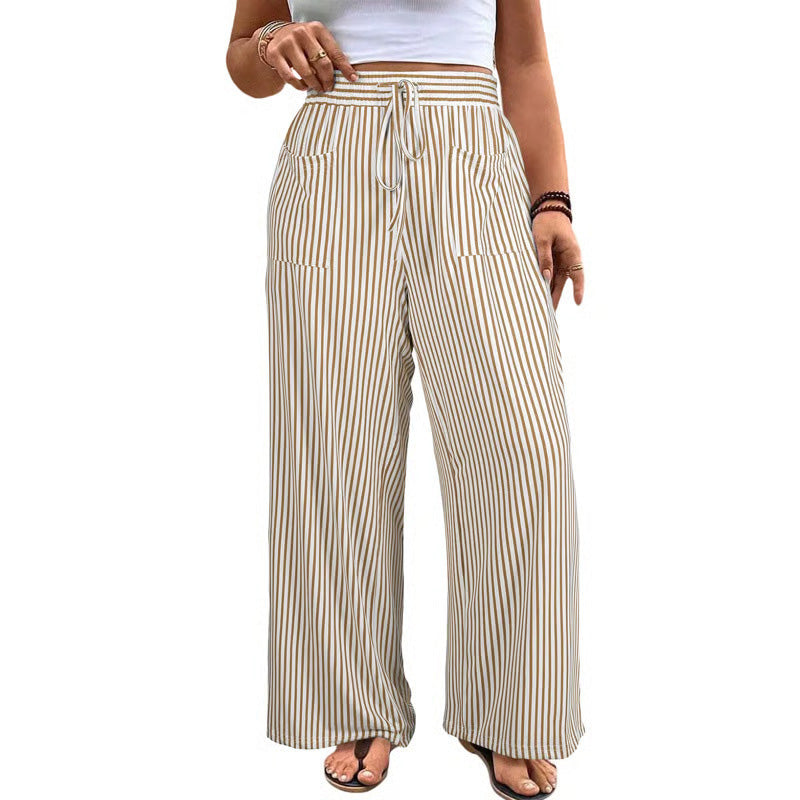 Striped Drawstring Wide Leg Pants With Pockets