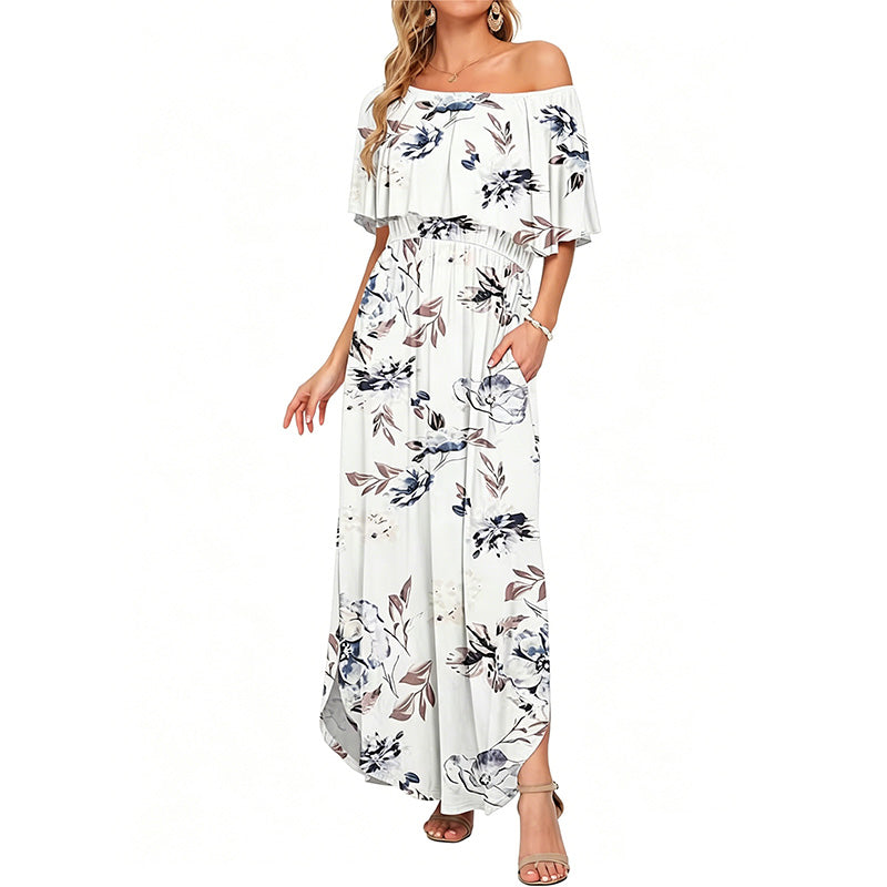 Printed off-shoulder short-sleeved long dress