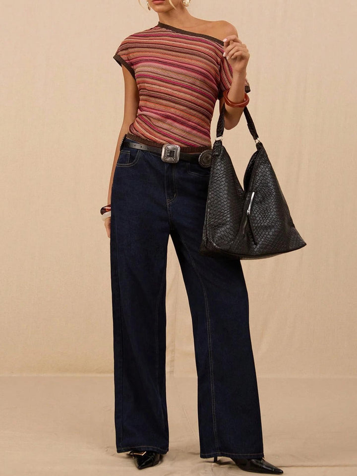 Striped Off-Shoulder Knit Top | Asymmetrical Short Sleeve Fitted Blouse for Women