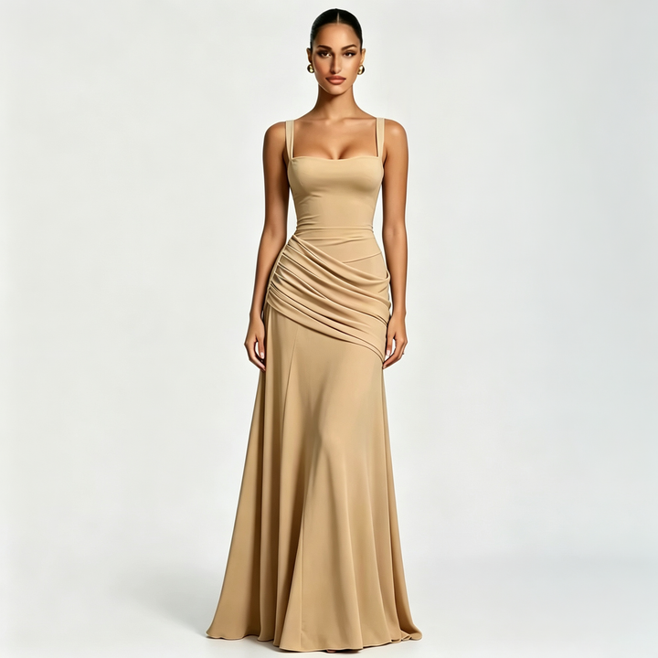 Minimalist Square Neck Ruched Waist Floor Gown
