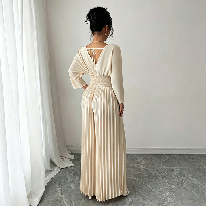 Solid color V-neck fitted waist pleated jumpsuit