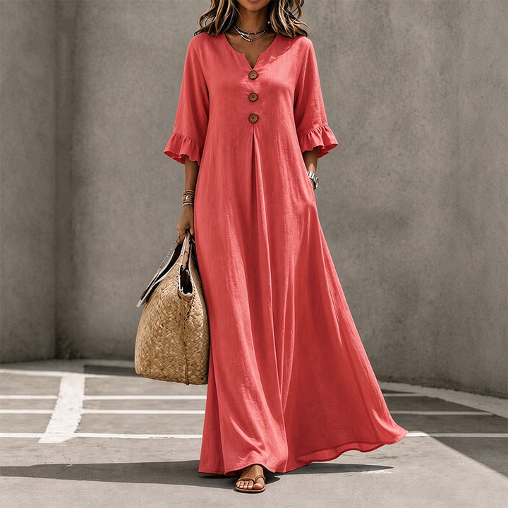 V-neck woven button-down ruffle sleeve long dress