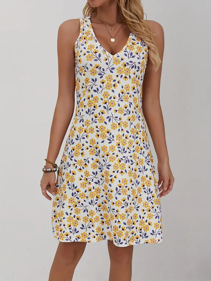 V-Neck Sleeveless Floral A-Line Midi Dress | Pink Cherry Blossom Romantic Midi