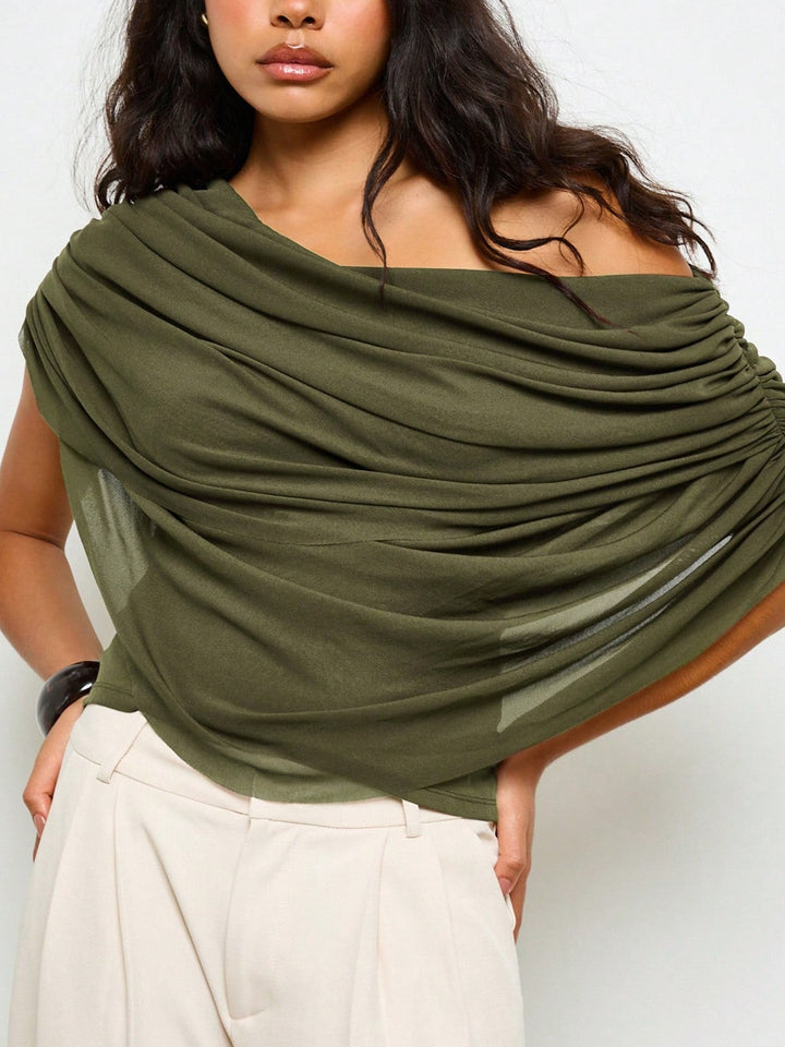 Asymmetric Off Shoulder Draped Mesh Sleeveless Blouse