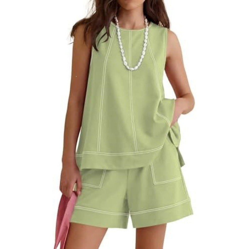 Summer round neck sleeveless vest and drawstring shorts set
