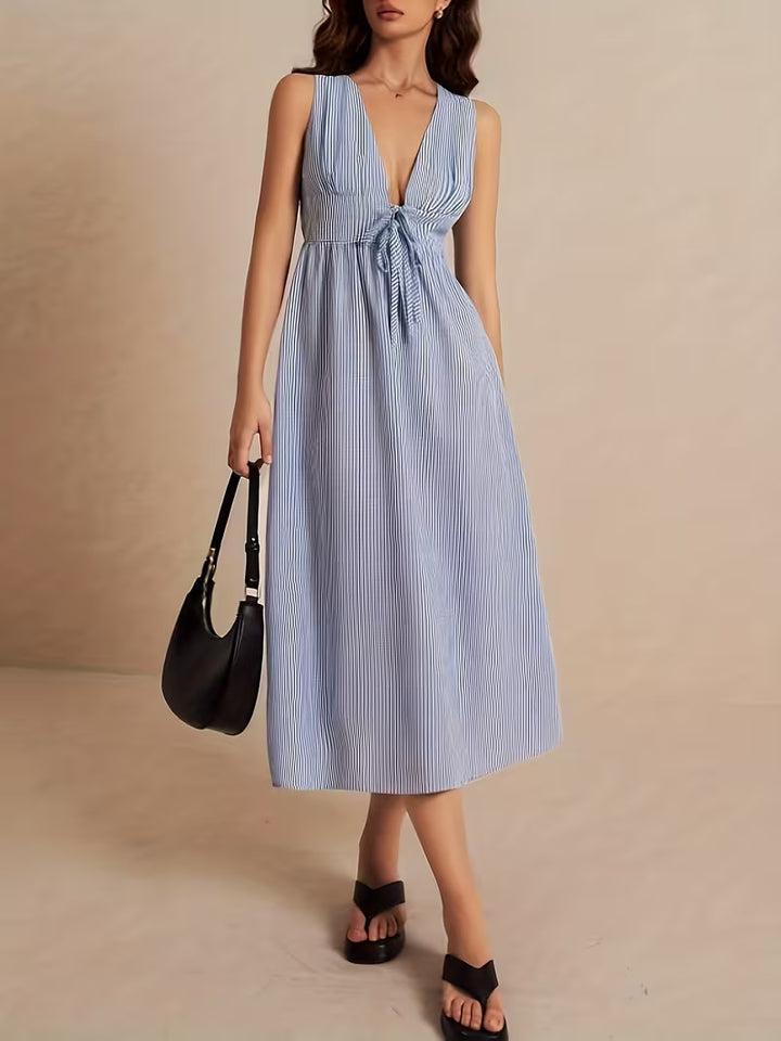 Striped Sleeveless V-Neck Midi Dress with Tie Front, Casual Summer A-Line Dress for Women