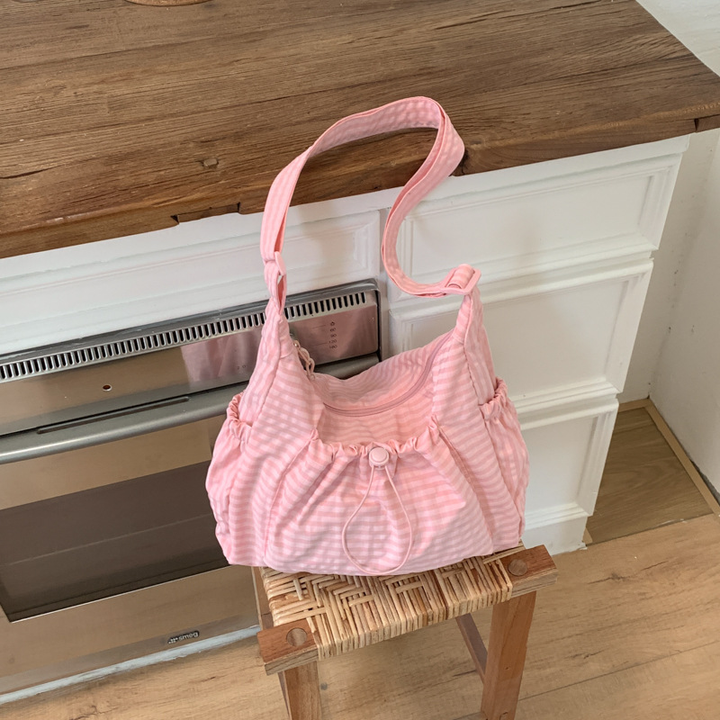 Drawstring Checkered Hobo Shoulder Bag