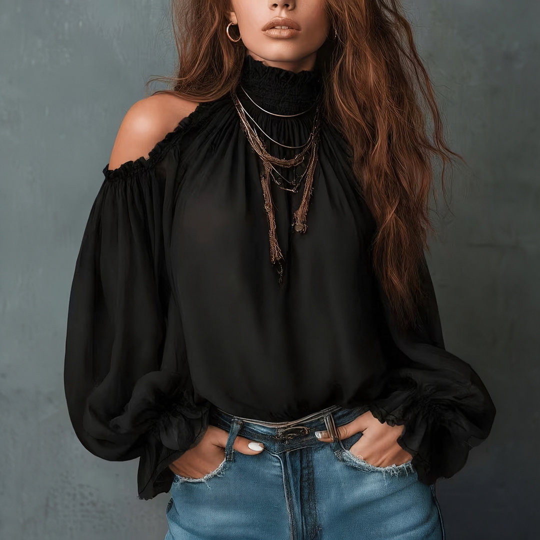 Cold Shoulder Ruffle High Neck Blouse