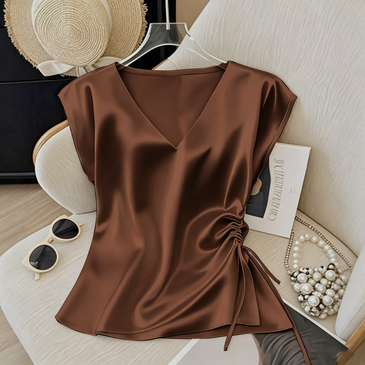 Satin V Neck Cap Sleeve Drawstring Top