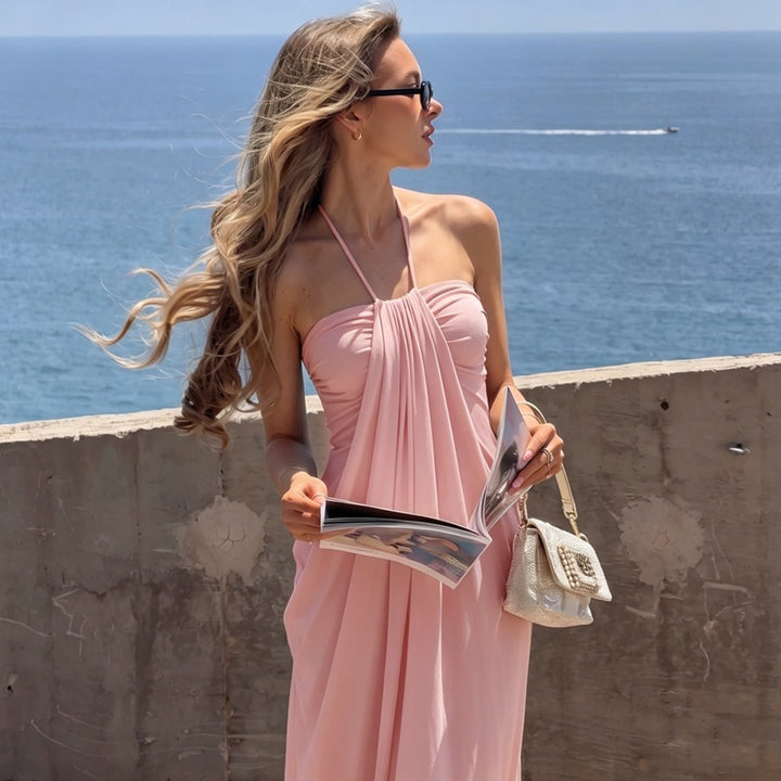 Draped Halter Neck Soft Jersey Midi Slip Dress in Pale Sky Blue
