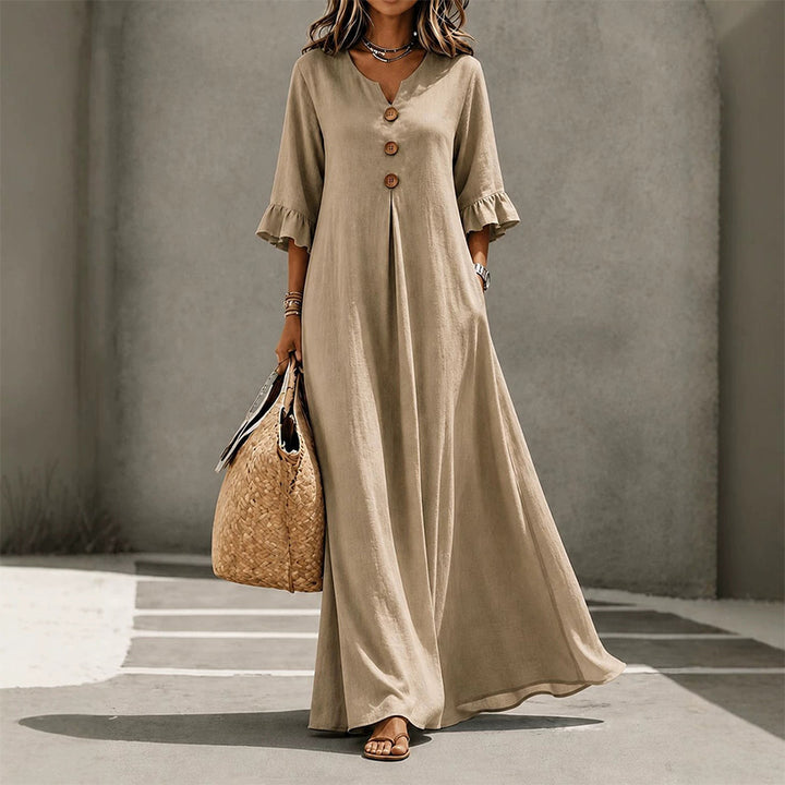 Solid color V-neck loose-fitting maxi dress