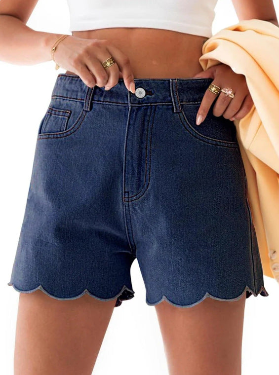 High Waist Scalloped Hem Denim Shorts