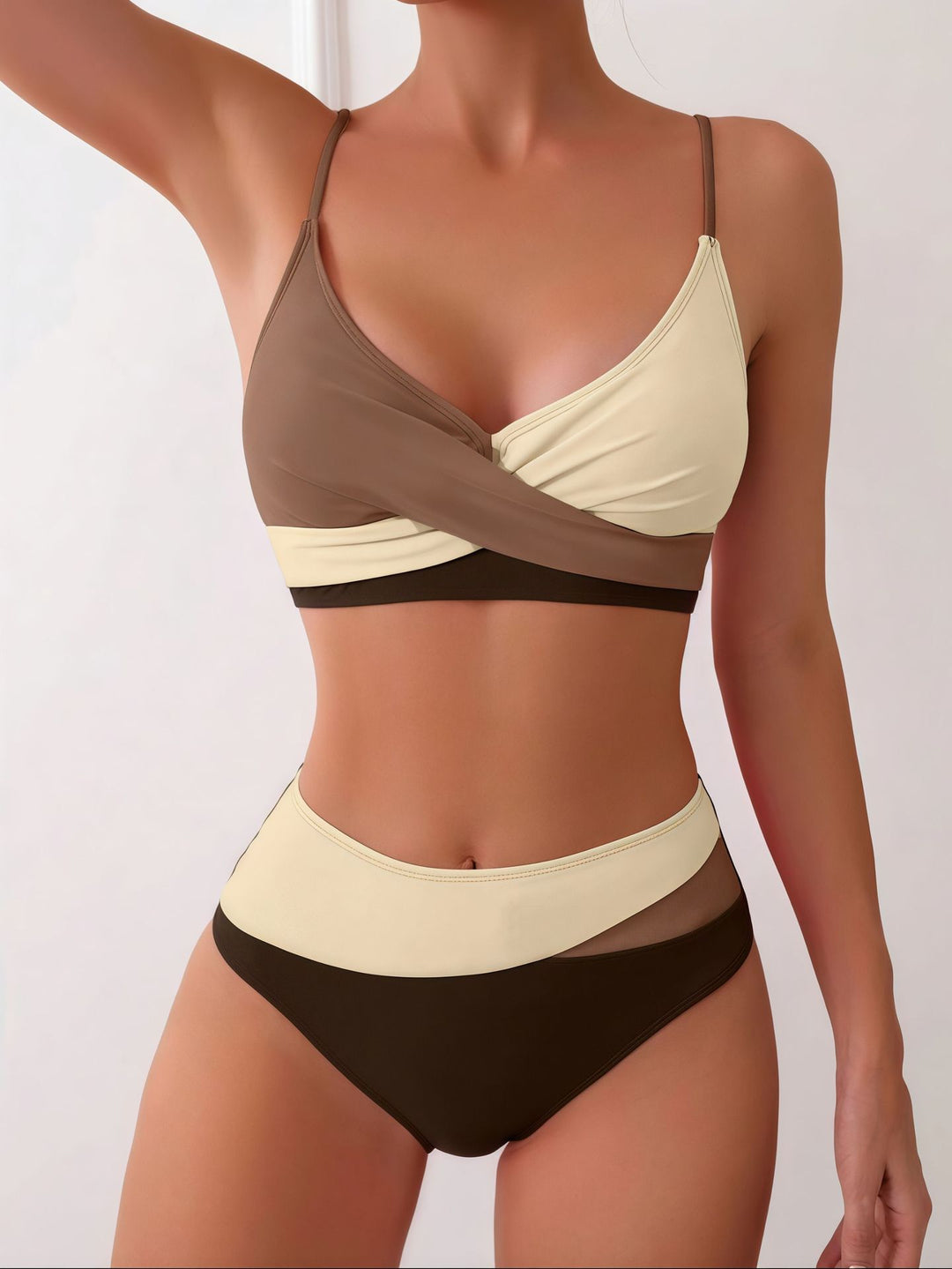 Neon Color Block Twist-Front Bikini Set, Mid-Rise 2-Piece Swimsuit