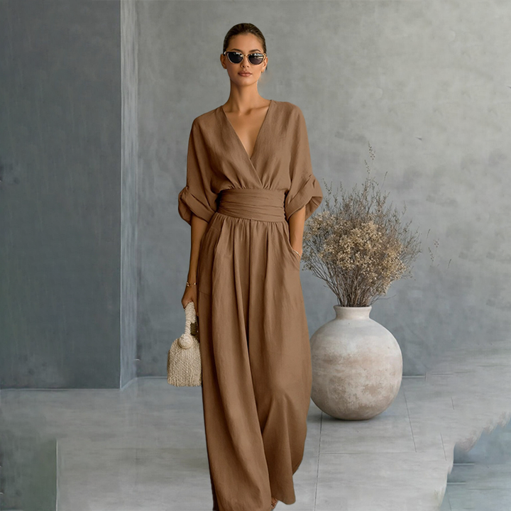 V-neck waist-cinching jumpsuit