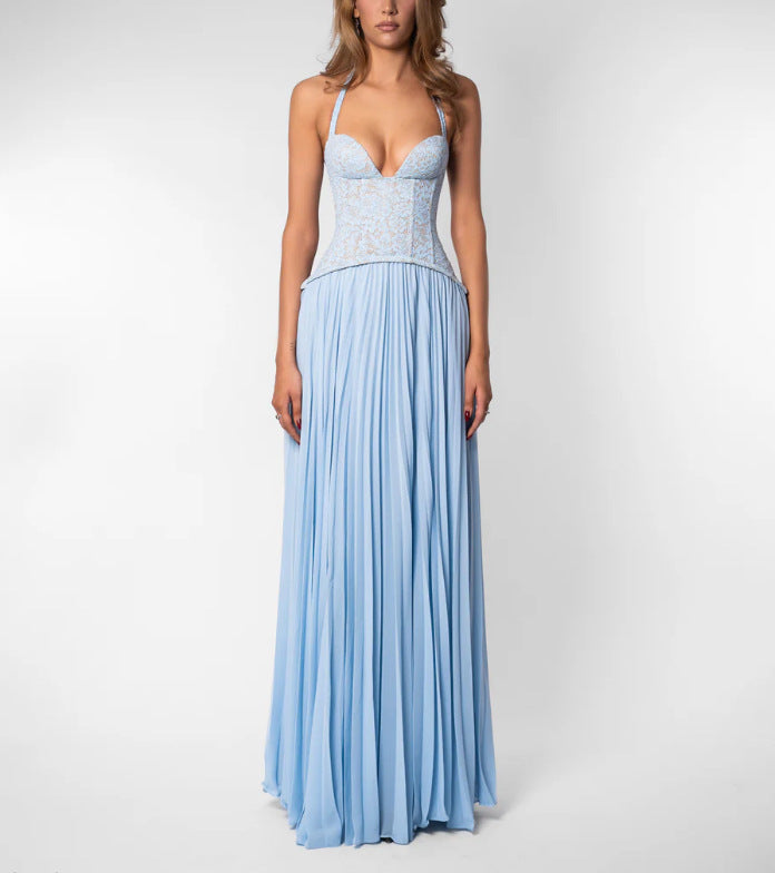 Olive Green Lace Halter Pleated Maxi Dress