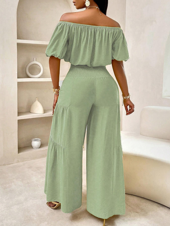 Off-Shoulder Puff Sleeve Crop Top &amp;amp; Tie-Waist Tiered Wide Leg Pants Two-Piece Set