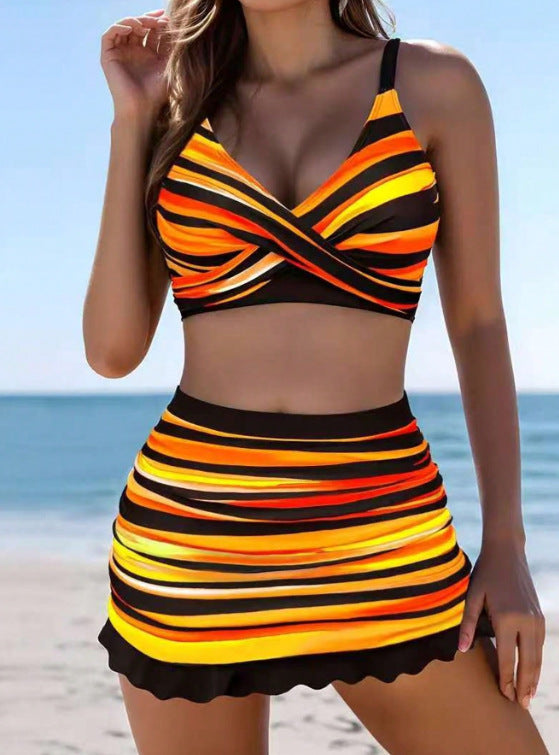 Colorful Striped 3-Piece Swim Skirt Set