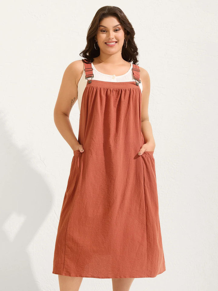 Plus Size  Adjustable Strap Pinafore Midi Dress with Pockets