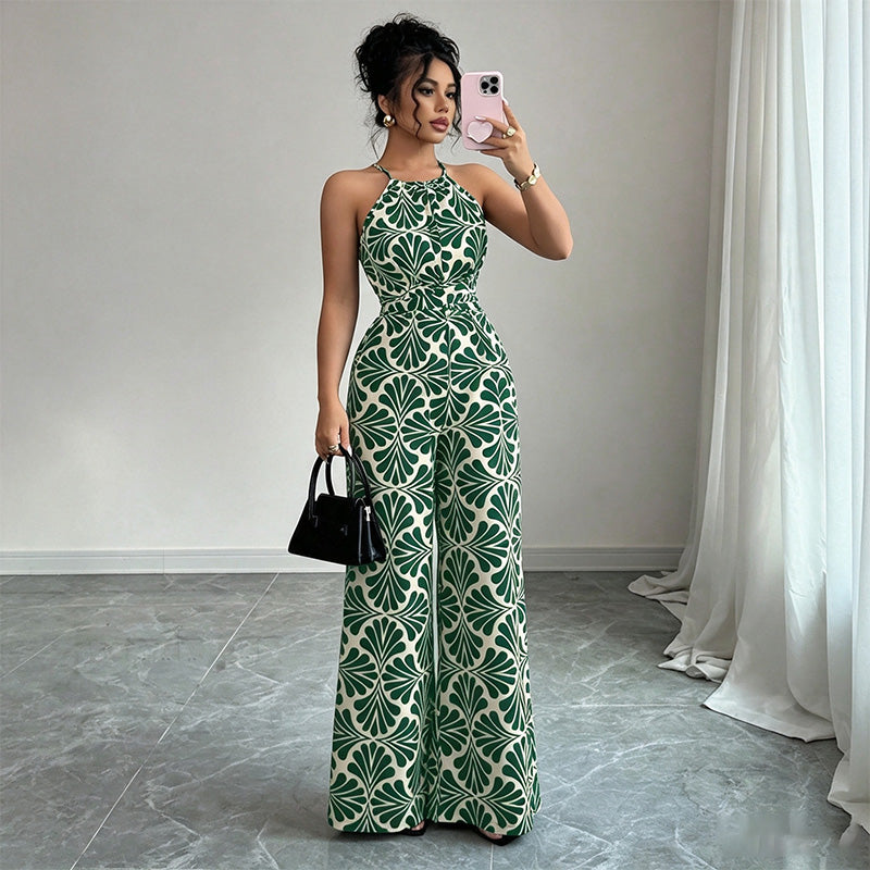 Halter-neck loose-fitting printed wide-leg jumpsuit