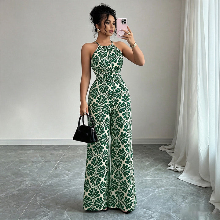 Halter-neck loose-fitting printed wide-leg jumpsuit
