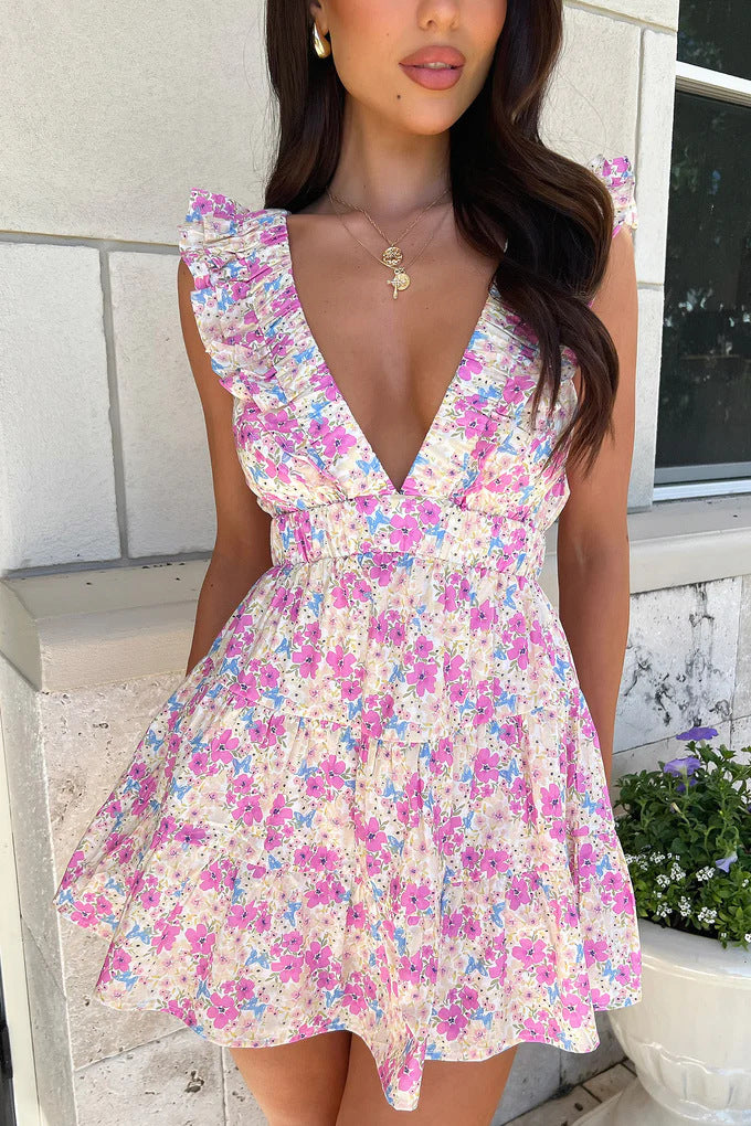 Floral Deep V Open Back Mini Dress | Ruffle Tiered Babydoll Summer Sundress