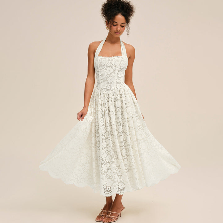 White Lace Halter Neck Midi Dress