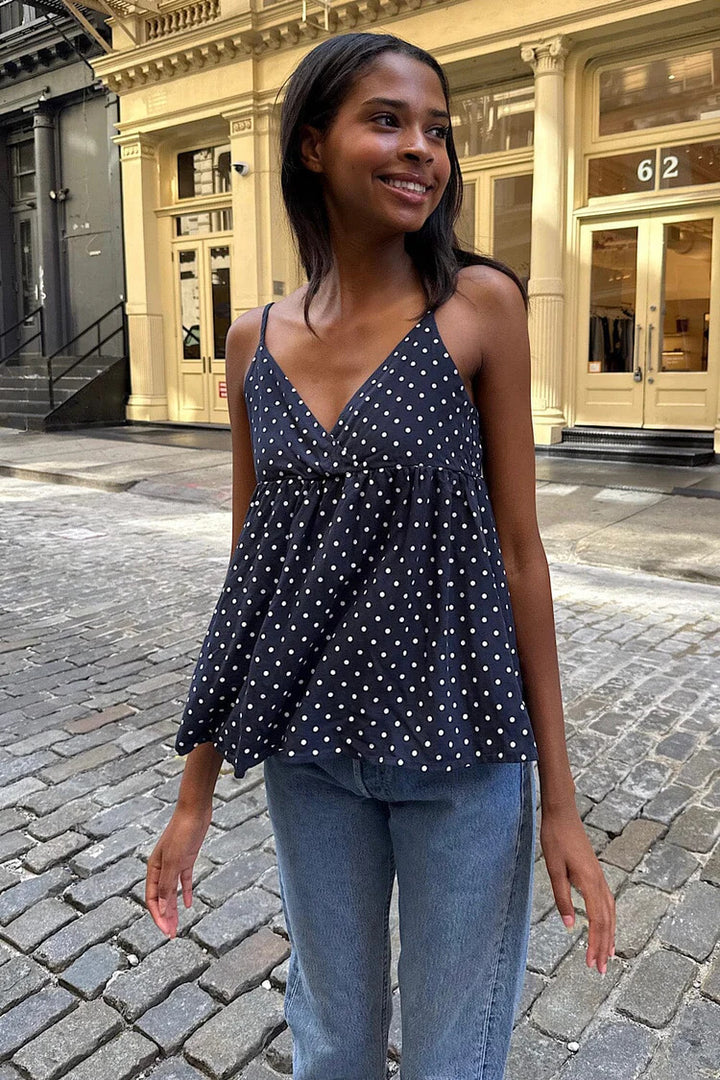 Polka Dot Deep V Babydoll Cami Top | Cream &amp;amp; Black Y2K Sweetheart Peplum Blouse