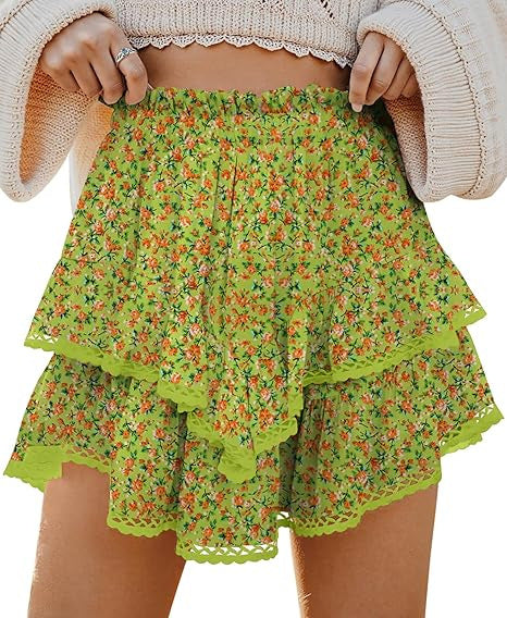 Floral Tiered Ruffle Mini Skirt with Lace Trim
