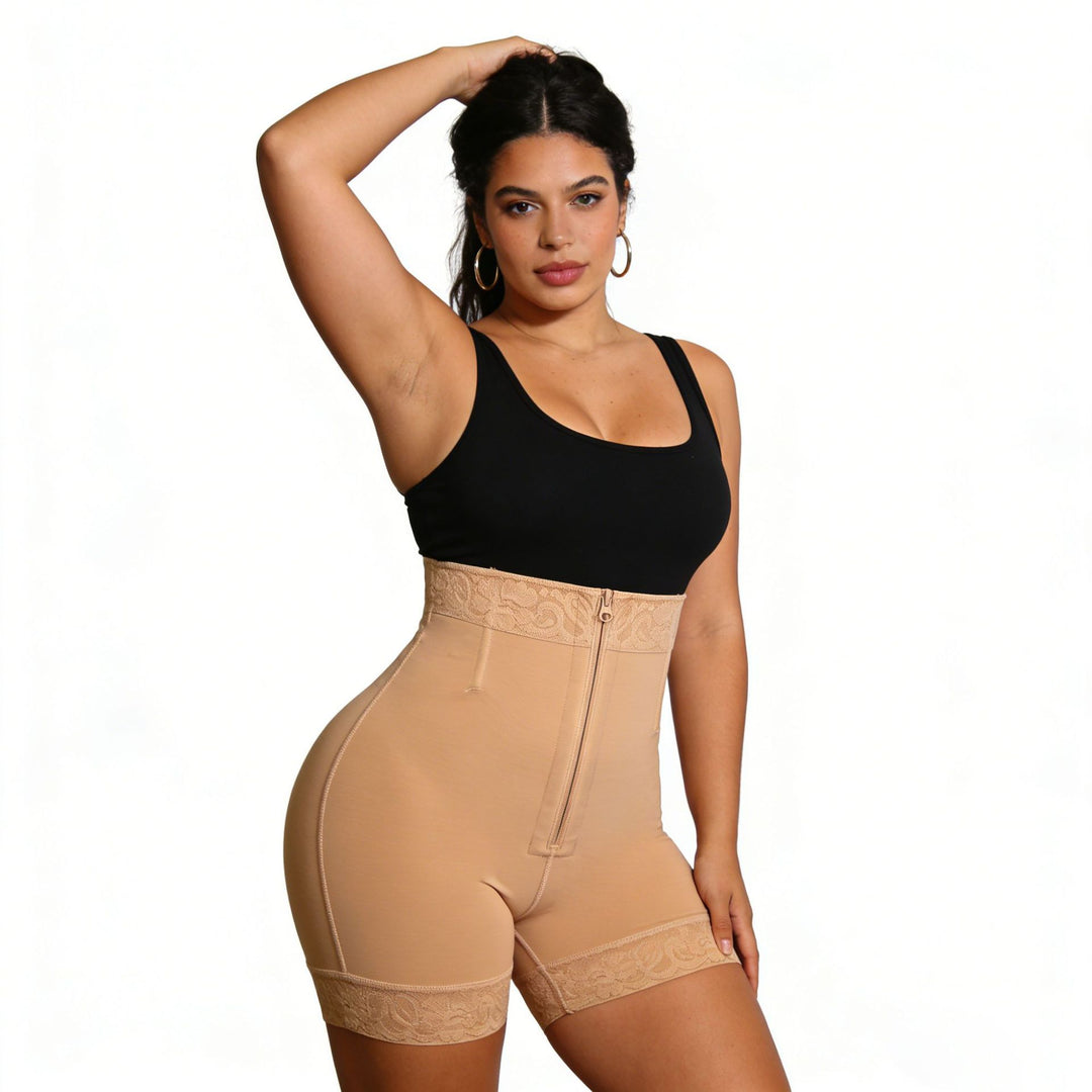 High-Waisted Lace Trim Shapewear Shorts, Zipper Tummy Control Body Shaper