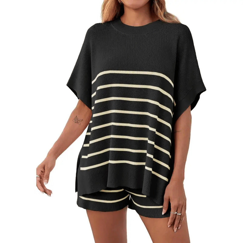 Striped Knit Loungewear Set, Oversized Top &amp; Matching Shorts Co-Ord