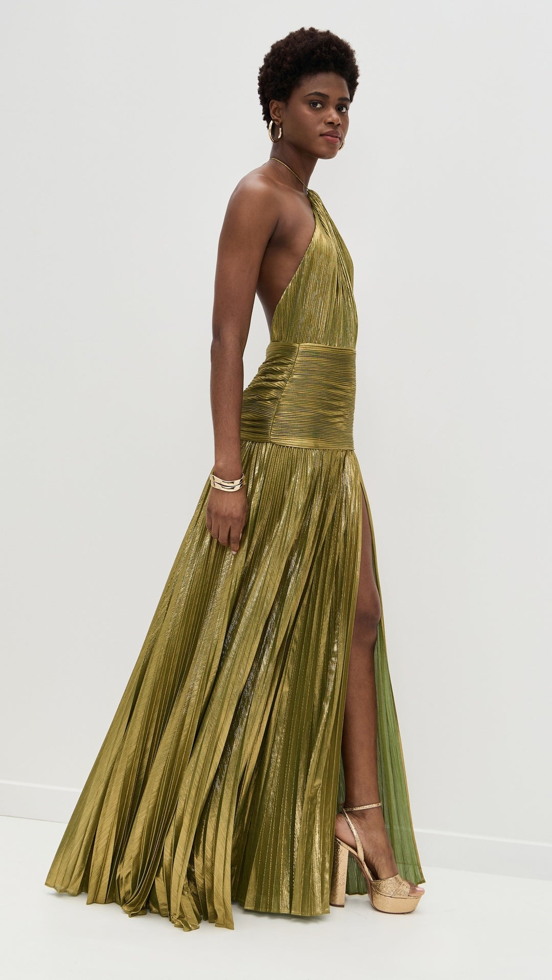 Metallic Olive Green Halter Neck Pleated Gown with High Slit