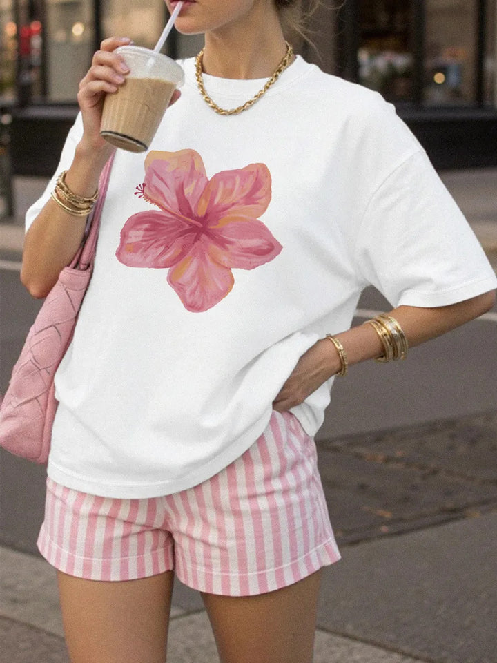 Hibiscus Oversized Cotton Tee for Women | Summer Casual T-Shirt