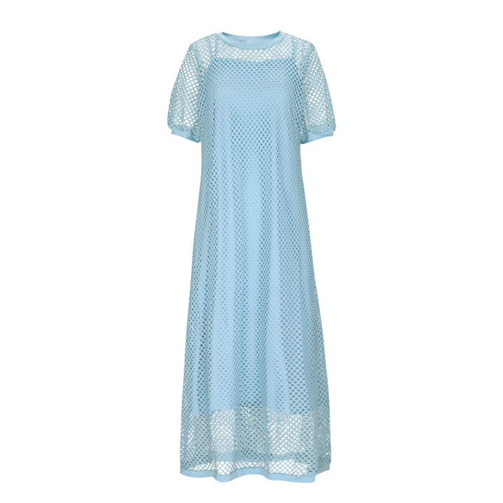 White Hollow Out Open Knit Short Sleeve Round Neck Maxi Cover Up Dress