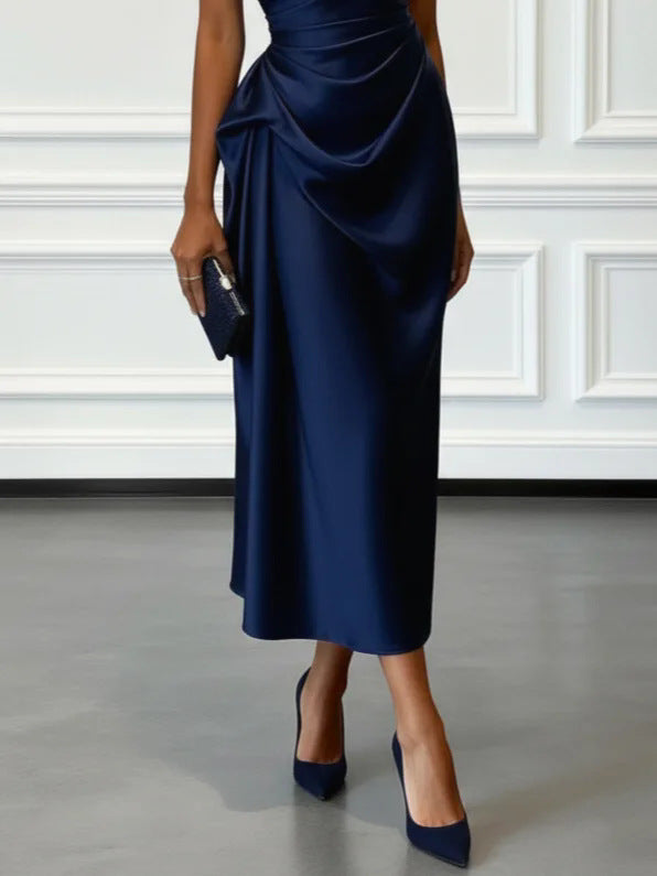 Multi-Color One-Shoulder Satin Midi Dress | Ruched Elegant Party Cocktail Dress
