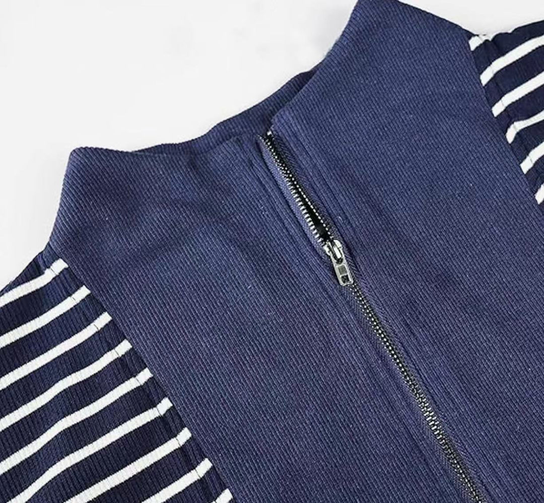 Breton Stripe Half-Zip Cap Sleeve Shift Dress